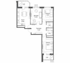 ЖК «Одинбург», планировка 3-комнатной квартиры, 90.87 м²