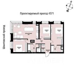 ЖК «Шелепиха», планировка 3-комнатной квартиры, 93.40 м²