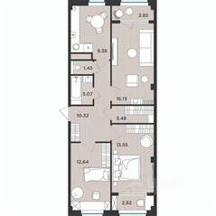 МЖК «Новокасимово», планировка 3-комнатной квартиры, 75.64 м²