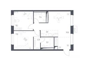 Апарт-комплекс «Верейская 41», планировка 2-комнатной квартиры, 55.62 м²