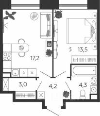 ЖК «Жилой квартал Shagal», планировка 1-комнатной квартиры, 42.40 м²