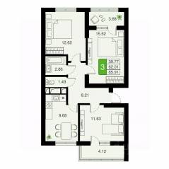 ЖК «Химки Тайм», планировка 3-комнатной квартиры, 65.91 м²