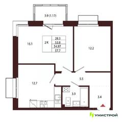 МЖК «Лисино», планировка 2-комнатной квартиры, 54.97 м²