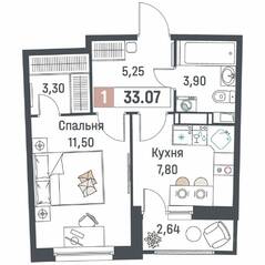 ЖК «Авиатор» (Девяткино), планировка 1-комнатной квартиры, 33.07 м²