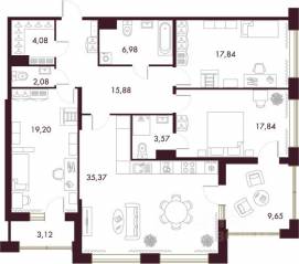 ЖК «Familia», планировка 3-комнатной квартиры, 129.20 м²