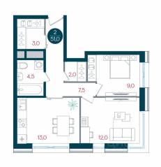 ЖК «Русич Кантемировский», планировка 1-комнатной квартиры, 51.00 м²