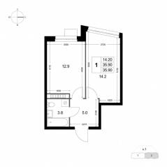 ЖК «Легенда Коренево», планировка 1-комнатной квартиры, 35.90 м²