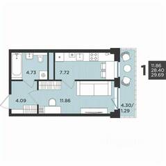 МЖК «Новокасимово», планировка 1-комнатной квартиры, 29.69 м²