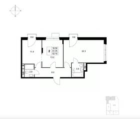 ЖК «Легенда Марусино», планировка 2-комнатной квартиры, 62.10 м²