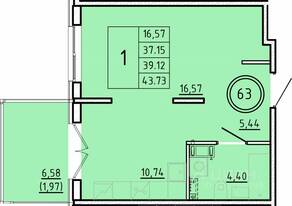 МЖК «Образцовый квартал 16», планировка 1-комнатной квартиры, 37.25 м²