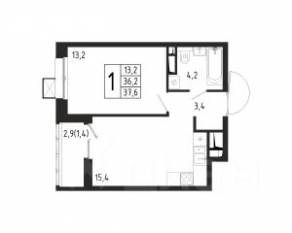 ЖК «Берег», планировка 1-комнатной квартиры, 37.60 м²