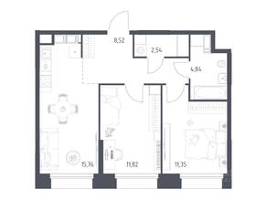 Апарт-комплекс «Тропарево парк», планировка 2-комнатной квартиры, 54.83 м²