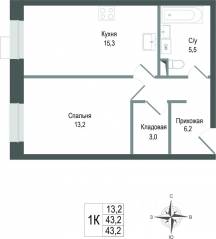 ЖК «Киноквартал», планировка 1-комнатной квартиры, 43.20 м²