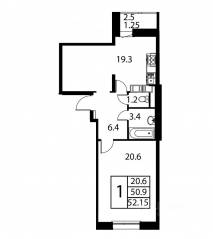 ЖК «Космос», планировка 1-комнатной квартиры, 52.15 м²