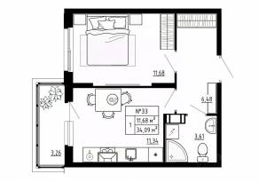 МЖК «Аннино Сити», планировка 1-комнатной квартиры, 34.09 м²