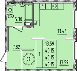МЖК «Образцовый квартал 14», планировка 1-комнатной квартиры, 40.15 м²