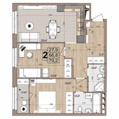 ЖК «Гранд Комфорт», планировка 2-комнатной квартиры, 70.20 м²