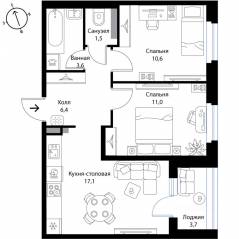 МЖК «Экография», планировка 2-комнатной квартиры, 52.10 м²