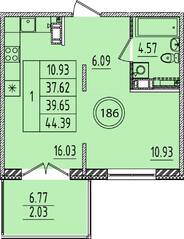 МЖК «Образцовый квартал 14», планировка 1-комнатной квартиры, 37.62 м²
