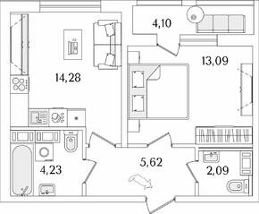 ЖК «Лайнеръ», планировка 1-комнатной квартиры, 41.36 м²