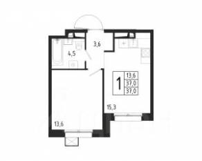 ЖК «Берег», планировка 1-комнатной квартиры, 37.00 м²