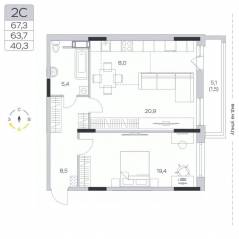 ЖК «Пироговская Ривьера», планировка 1-комнатной квартиры, 64.00 м²