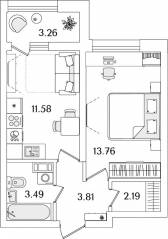 ЖК «БелАрт», планировка 1-комнатной квартиры, 36.46 м²