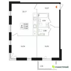 МЖК «Лисино», планировка 2-комнатной квартиры, 73.83 м²