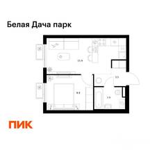 ЖК «Белая Дача парк», планировка 1-комнатной квартиры, 33.20 м²