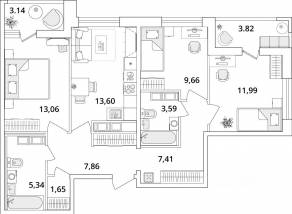 ЖК «Cube», планировка 3-комнатной квартиры, 77.90 м²