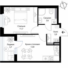 МЖК «Экография», планировка 1-комнатной квартиры, 33.90 м²