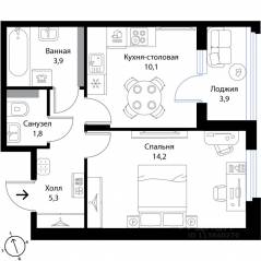 МЖК «Экография», планировка 1-комнатной квартиры, 37.30 м²