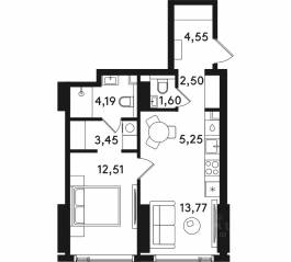 ЖК «Solos», планировка 1-комнатной квартиры, 47.82 м²