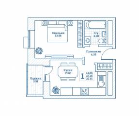ЖК «Новоград Монино», планировка 1-комнатной квартиры, 38.40 м²