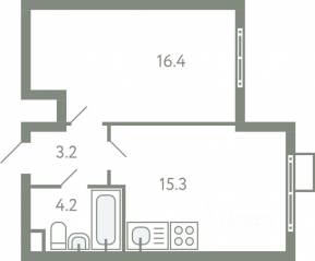 ЖК «Ново-Молоково», планировка 1-комнатной квартиры, 38.20 м²