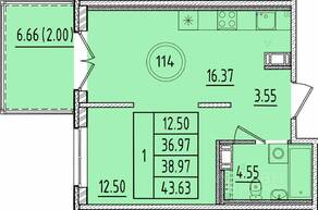 МЖК «Образцовый квартал 17», планировка 1-комнатной квартиры, 36.97 м²