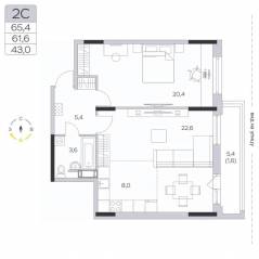 ЖК «Пироговская Ривьера», планировка 2-комнатной квартиры, 61.90 м²