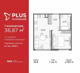 ЖК «Plus Пулковский», планировка 1-комнатной квартиры, 36.87 м²