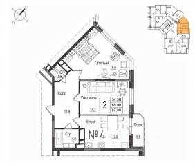 ЖК «Школьный» (Наро-Фоминск), планировка 2-комнатной квартиры, 68.80 м²