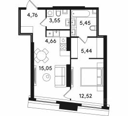 ЖК «Solos», планировка 1-комнатной квартиры, 51.43 м²