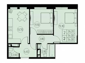 ЖК «31 квартал», планировка 2-комнатной квартиры, 54.00 м²