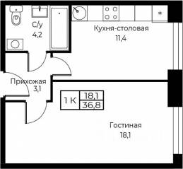 Апарт-комплекс «Aist Residence», планировка 1-комнатной квартиры, 36.80 м²