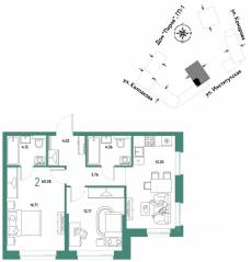ЖК «Страна.Парковая», планировка 2-комнатной квартиры, 60.38 м²