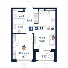 ЖК «Максималист», планировка 1-комнатной квартиры, 38.86 м²