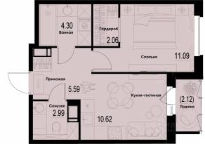 ЖК «ID Murino III», планировка 1-комнатной квартиры, 37.71 м²