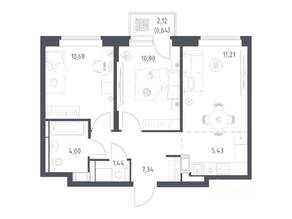 ЖК «Большое Путилково», планировка 2-комнатной квартиры, 51.54 м²