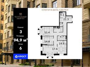 ЖК «Театральный квартал», планировка 3-комнатной квартиры, 94.90 м²