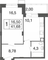 ЖК «Времена года», планировка 1-комнатной квартиры, 41.68 м²