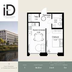 ЖК «ID Petrogradskaya», планировка 1-комнатной квартиры, 36.32 м²