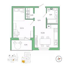 ЖК «IQ Гатчина», планировка 1-комнатной квартиры, 37.60 м²